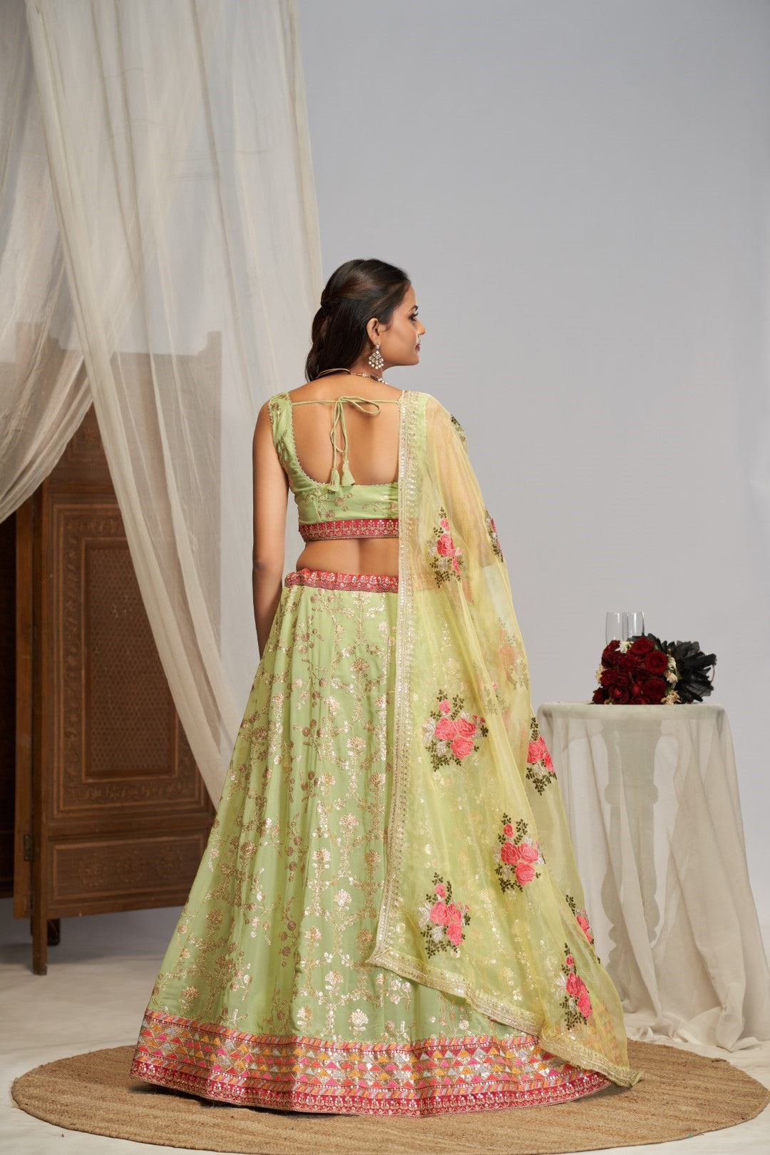 Women's Pista Green Georgette Embroidered Lehenga Set - Jihu Culture