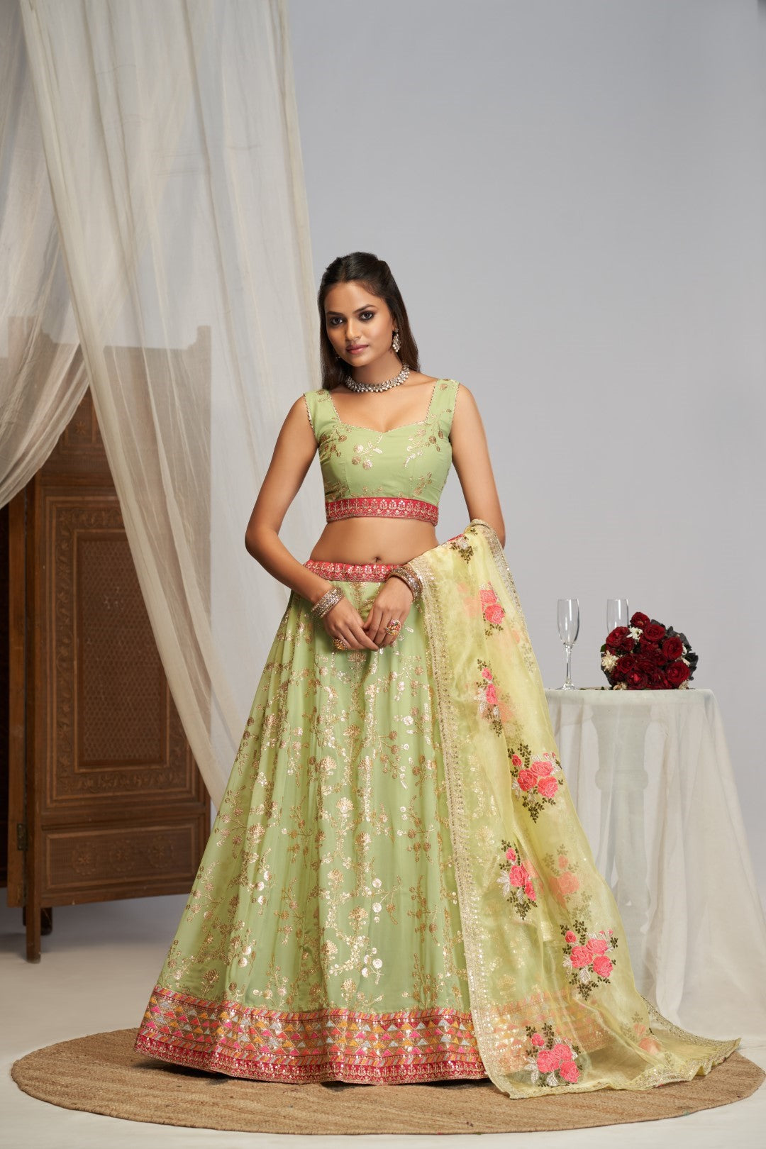 Women's Pista Green Georgette Embroidered Lehenga Set - Jihu Culture