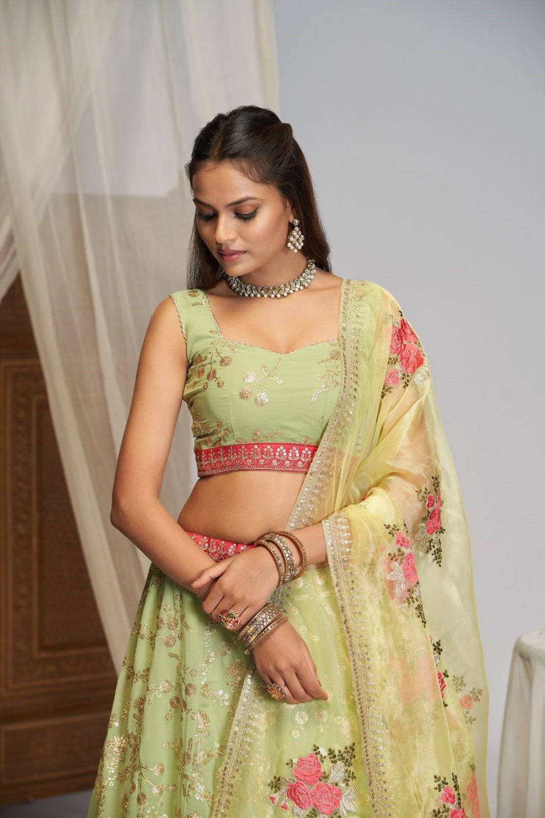 Women's Pista Green Georgette Embroidered Lehenga Set - Jihu Culture