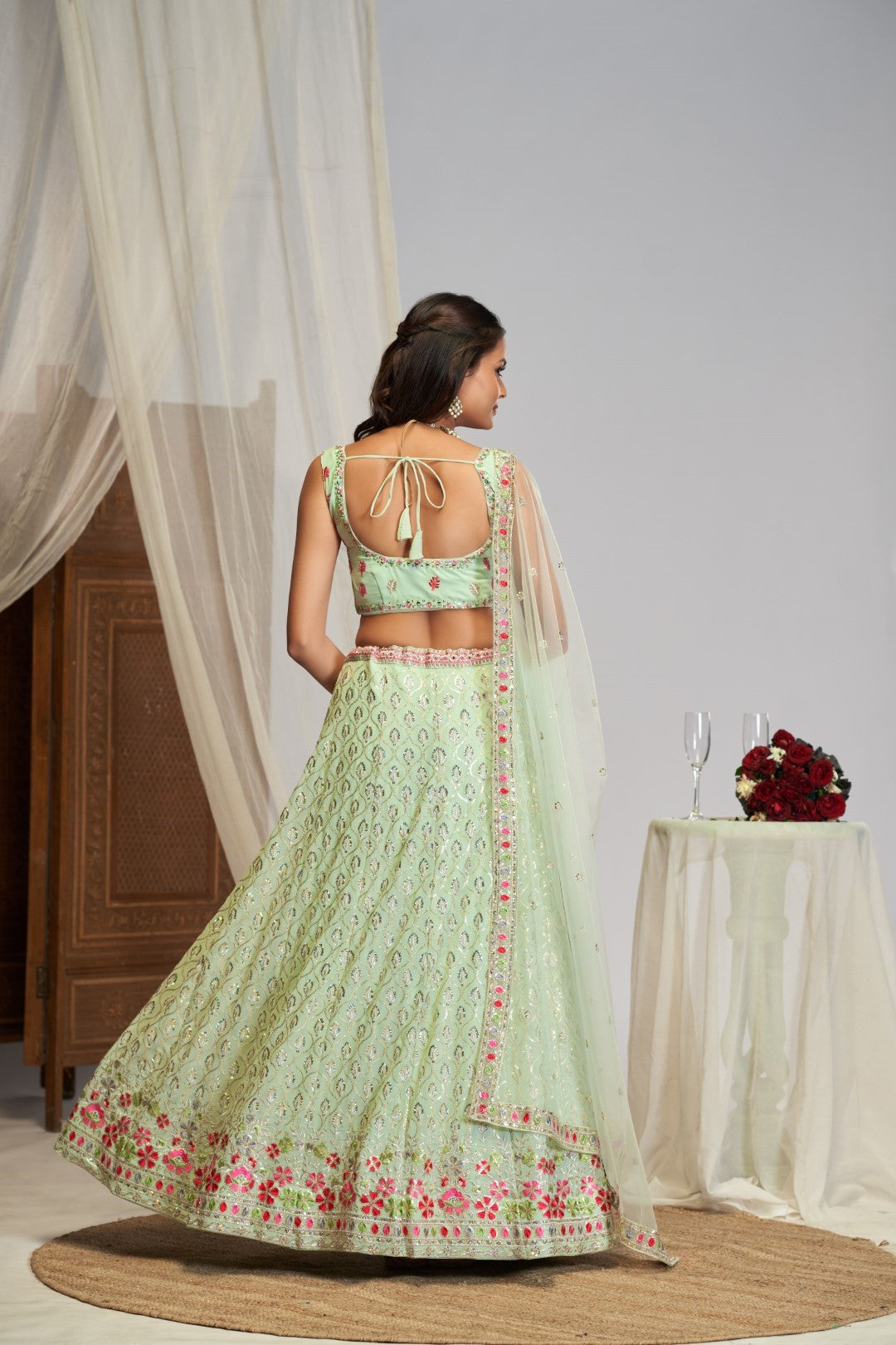 Women's Pista Green Georgette Embroidered Lehenga Set - Jihu Culture