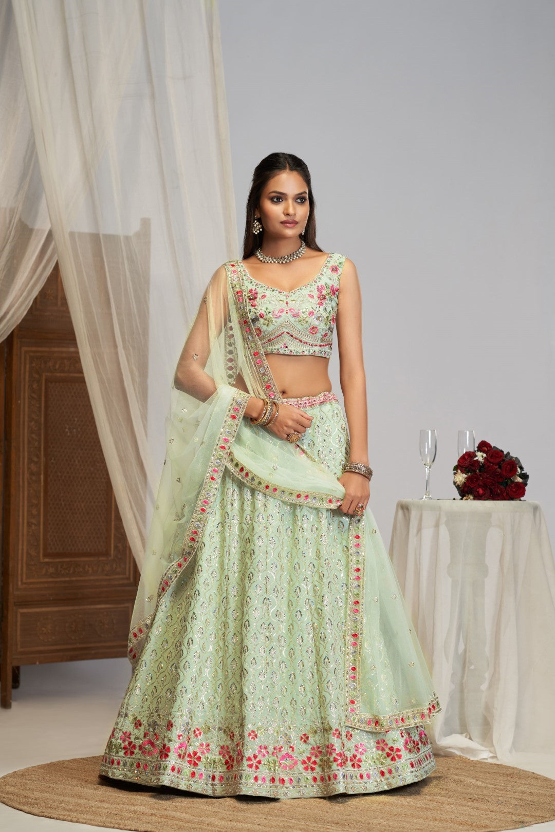 Women's Pista Green Georgette Embroidered Lehenga Set - Jihu Culture