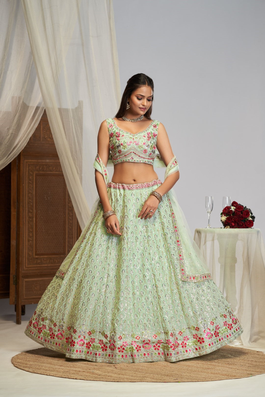 Women's Pista Green Georgette Embroidered Lehenga Set - Jihu Culture