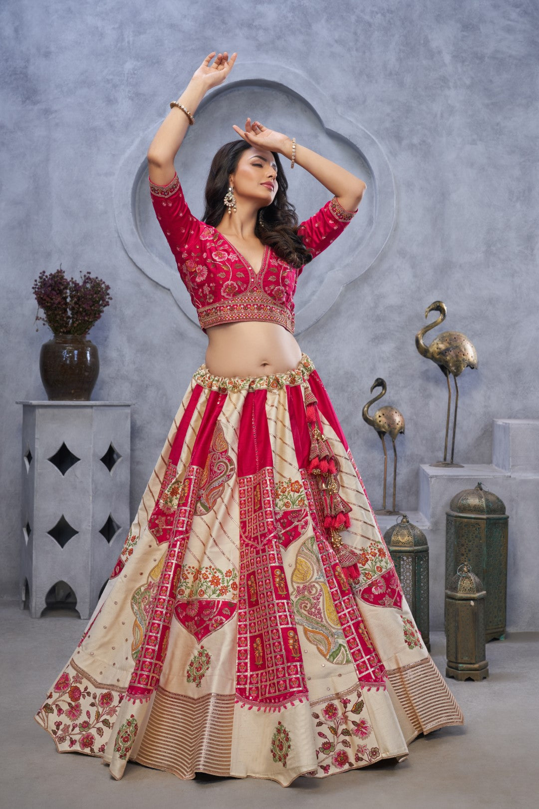 Women's Ivory Organza Silk Motifs Lehenga Set - Kesar Fab