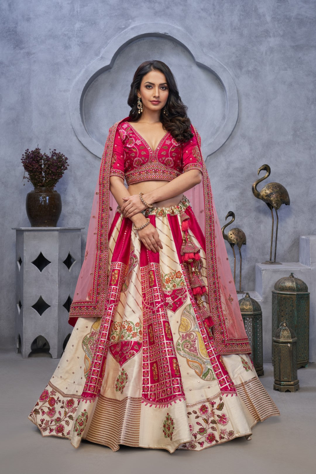 Women's Ivory Organza Silk Motifs Lehenga Set - Kesar Fab