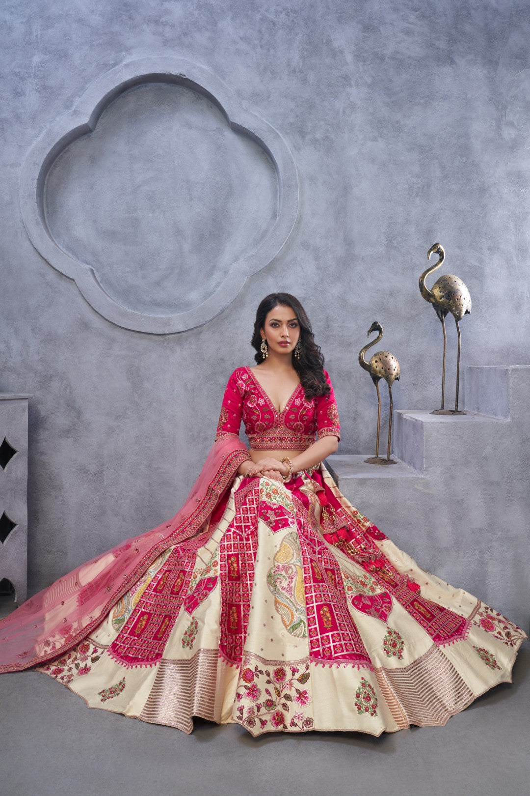 Women's Ivory Organza Silk Motifs Lehenga Set - Kesar Fab