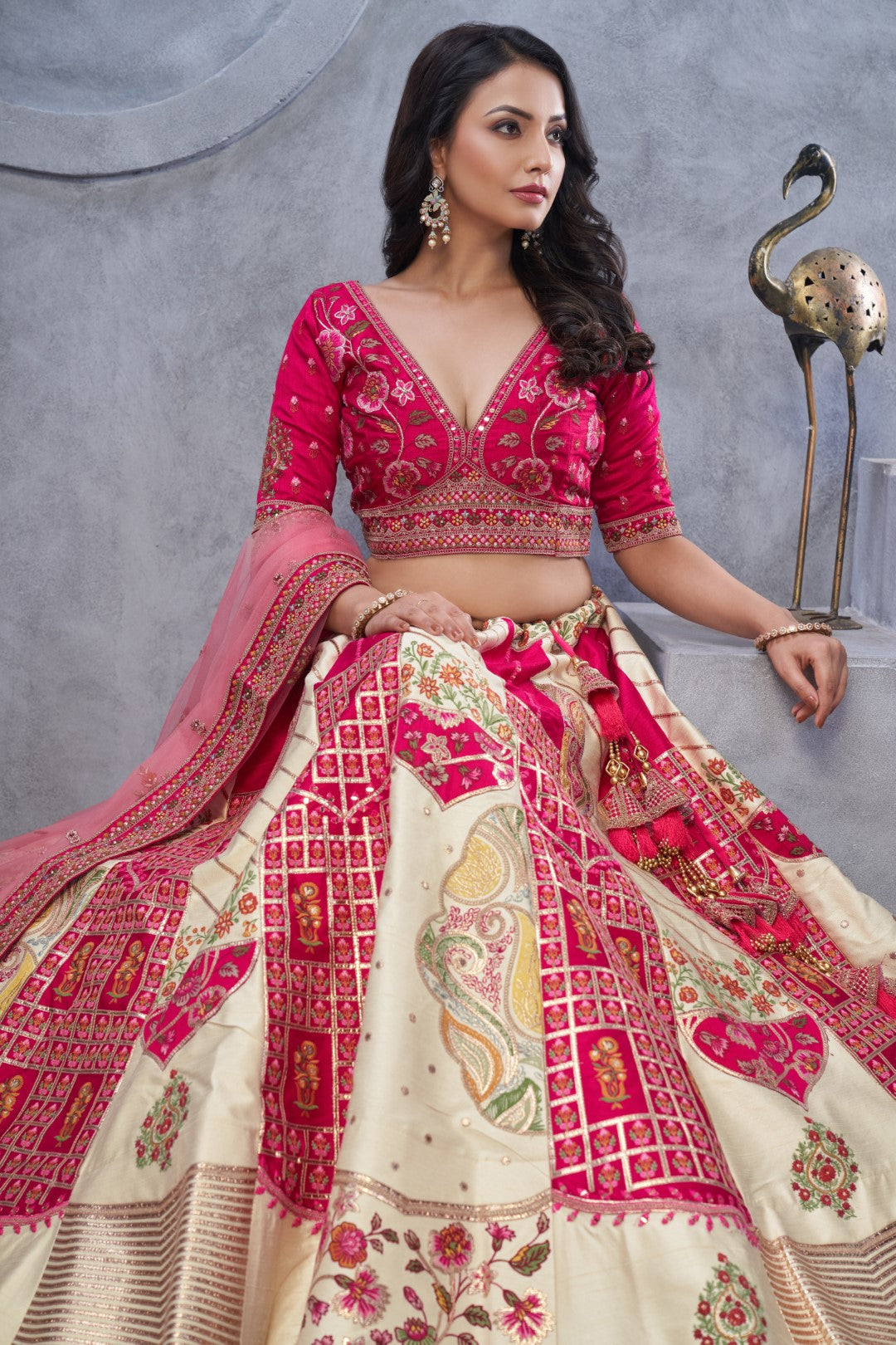 Women's Ivory Organza Silk Motifs Lehenga Set - Kesar Fab