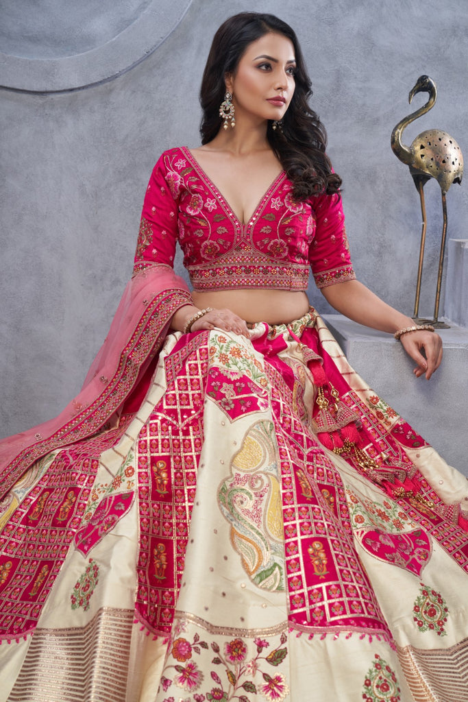 Women's Ivory Organza Silk Motifs Lehenga Set