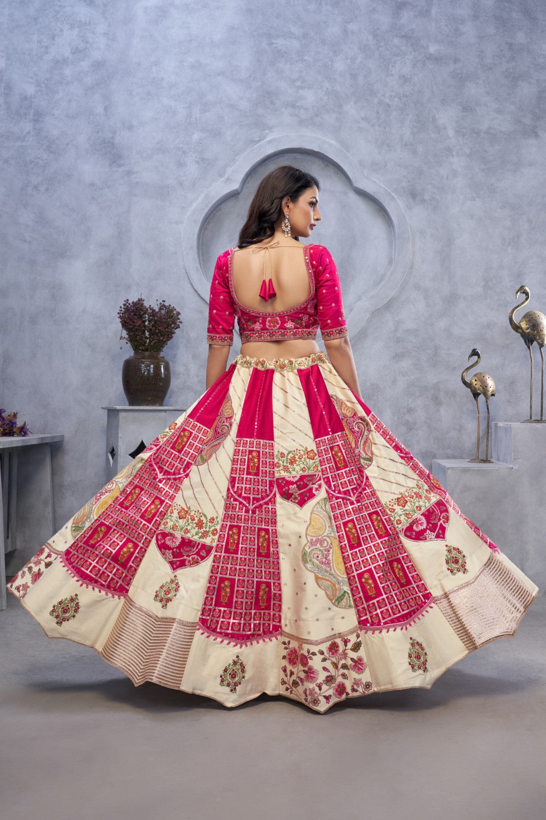 Women's Ivory Organza Silk Motifs Lehenga Set - Kesar Fab