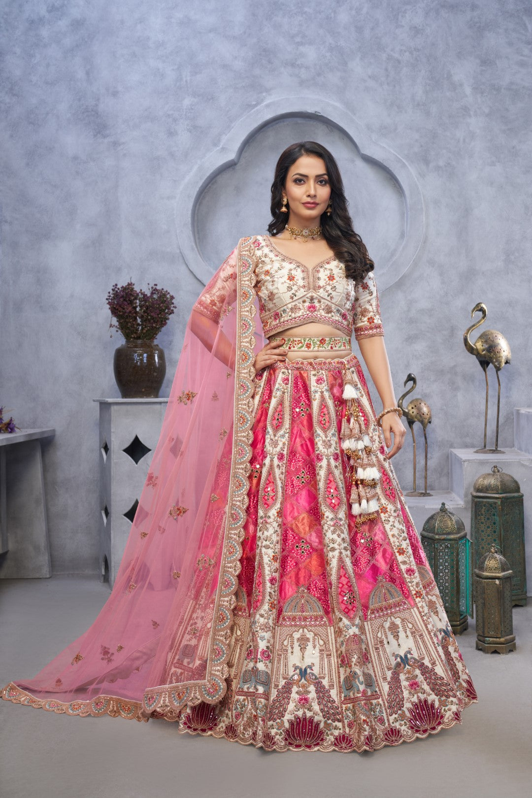 Women's Ivory Organza Silk Motifs Lehenga Set - Kesar Fab