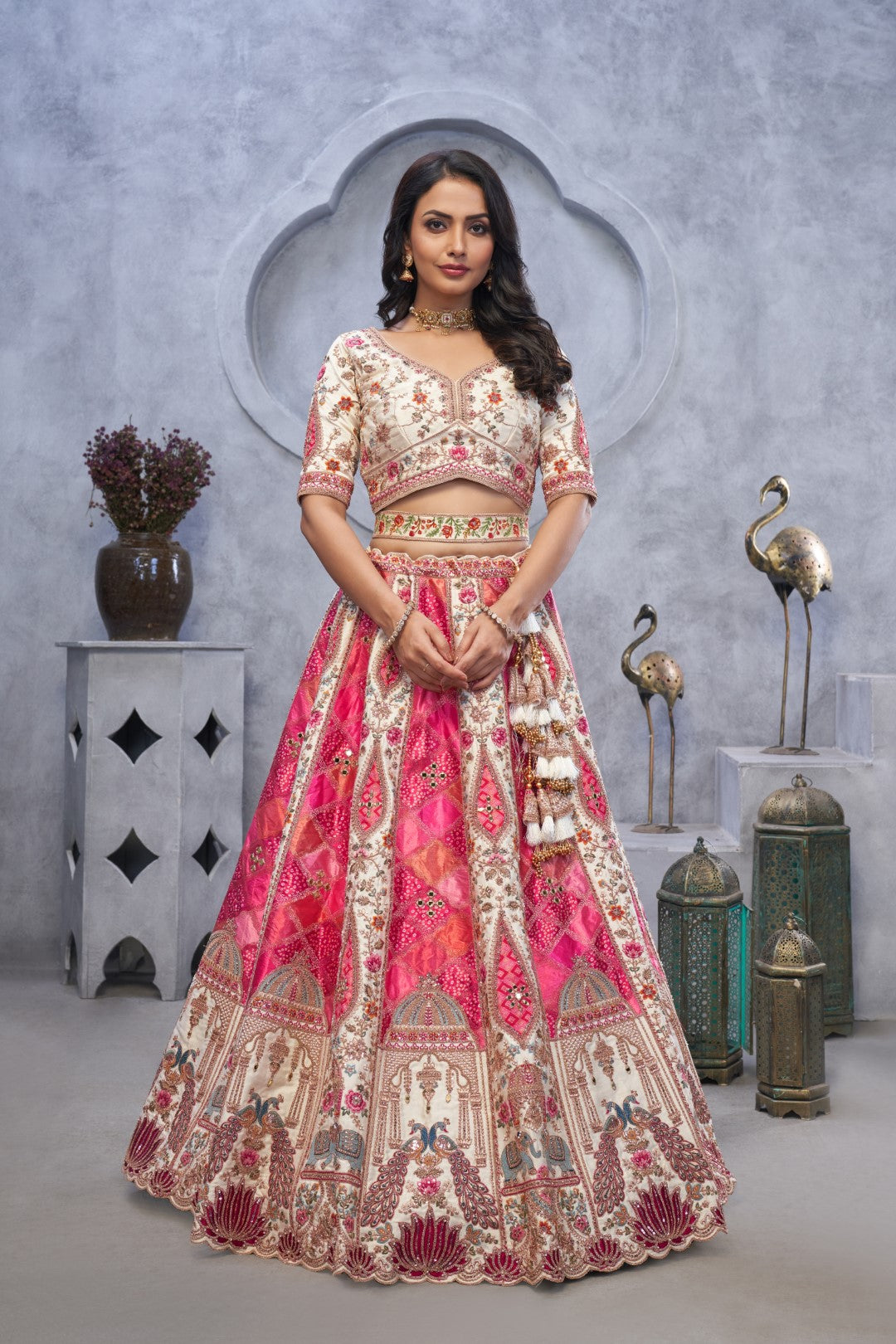 Women's Ivory Organza Silk Motifs Lehenga Set - Kesar Fab