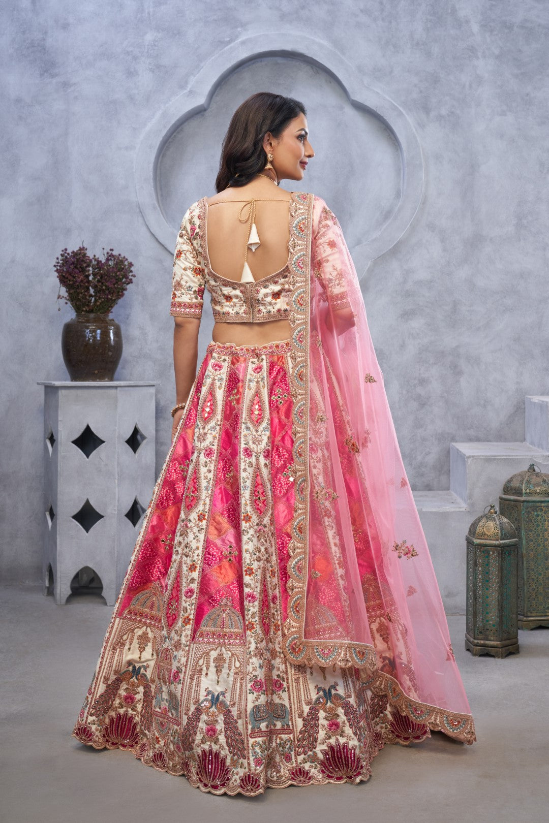 Women's Ivory Organza Silk Motifs Lehenga Set - Kesar Fab