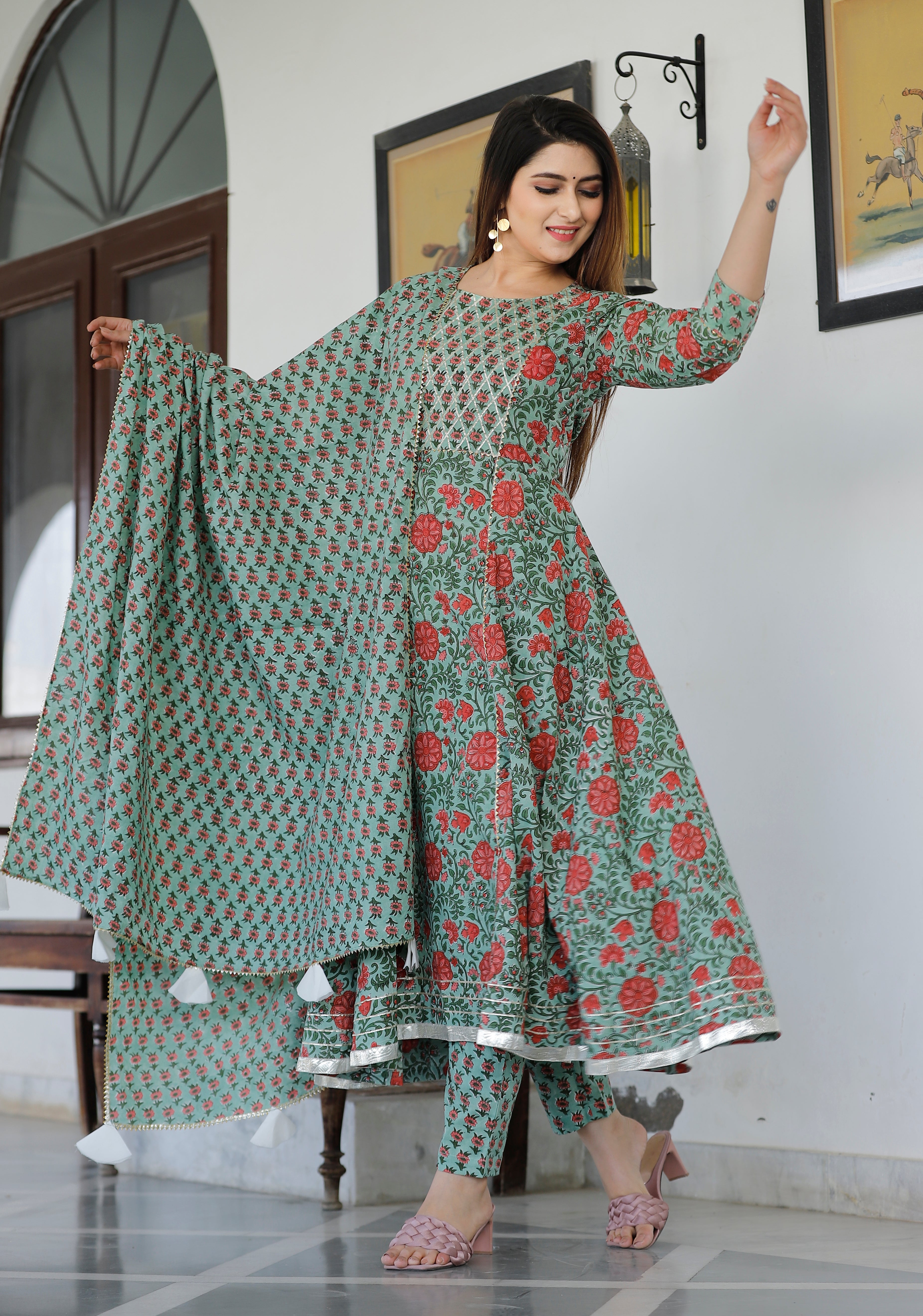 Women's Light Green Hand Block Printed Anarkali Set With Pent And Dupatta - Geeta Fashion