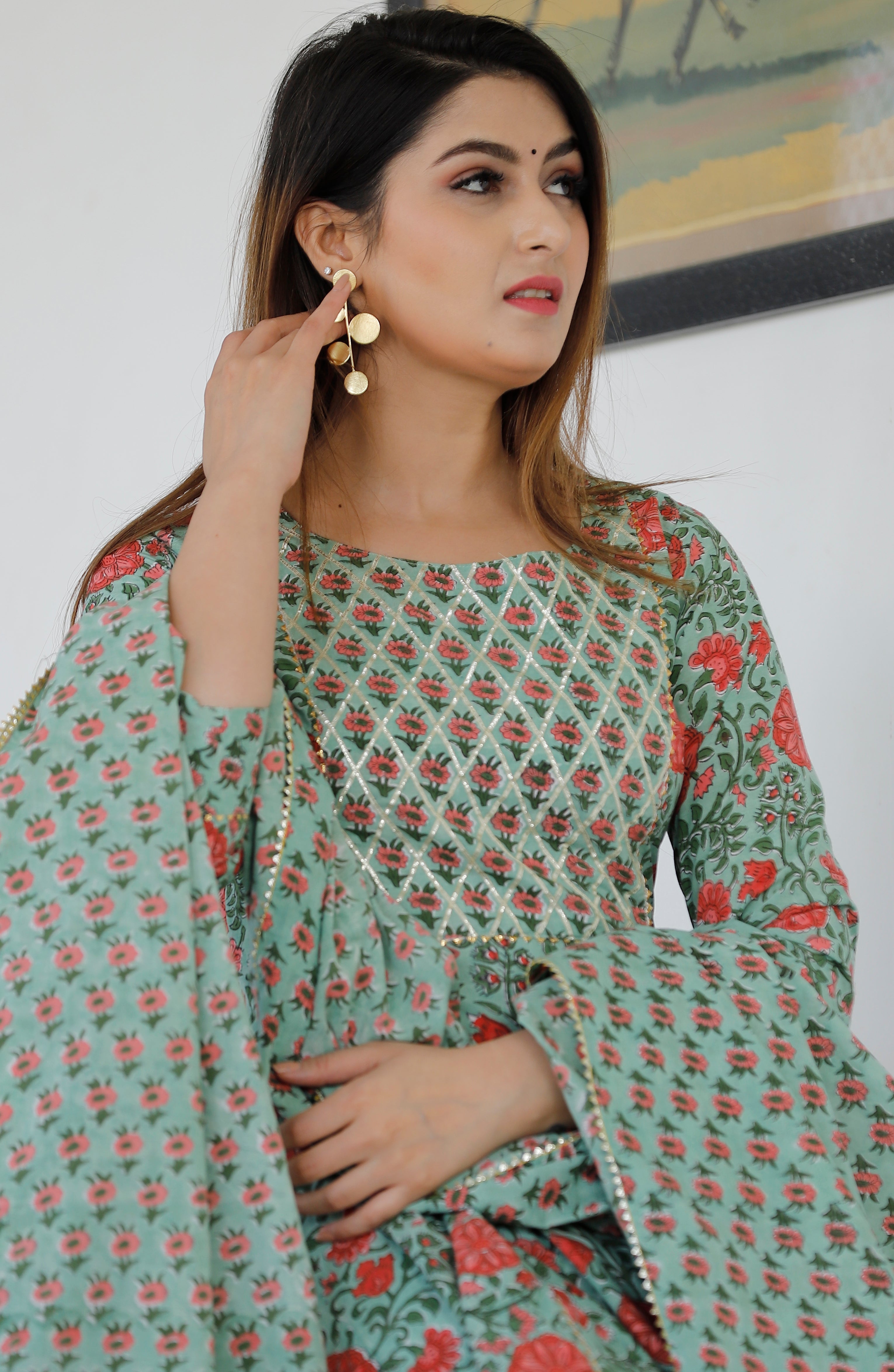 Women's Light Green Hand Block Printed Anarkali Set With Pent And Dupatta - Geeta Fashion