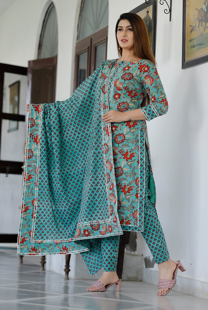 Women's Green Turqouise Hand Block Printed Kurta And Pent With Dupatta