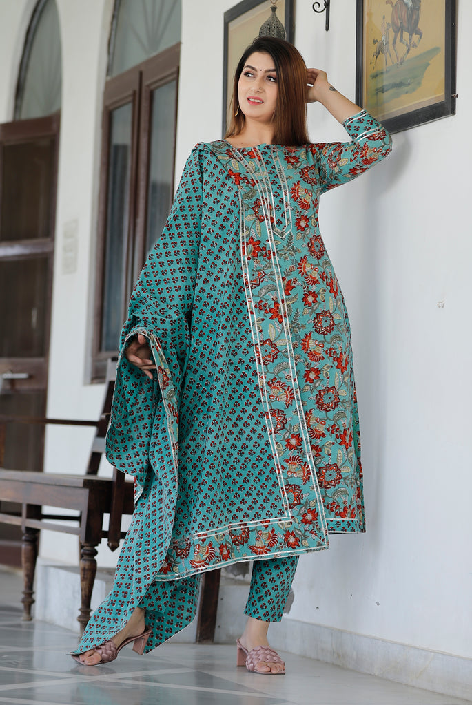 Women's Green Turqouise Hand Block Printed Kurta And Pent With Dupatta
