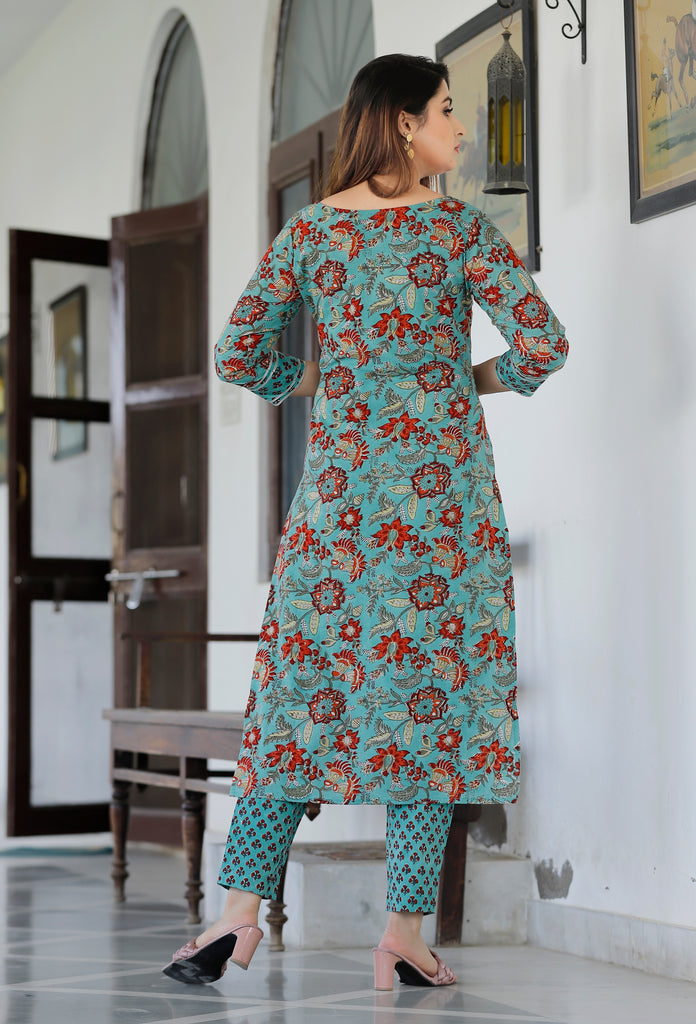 Women's Green Turqouise Hand Block Printed Kurta And Pent With Dupatta