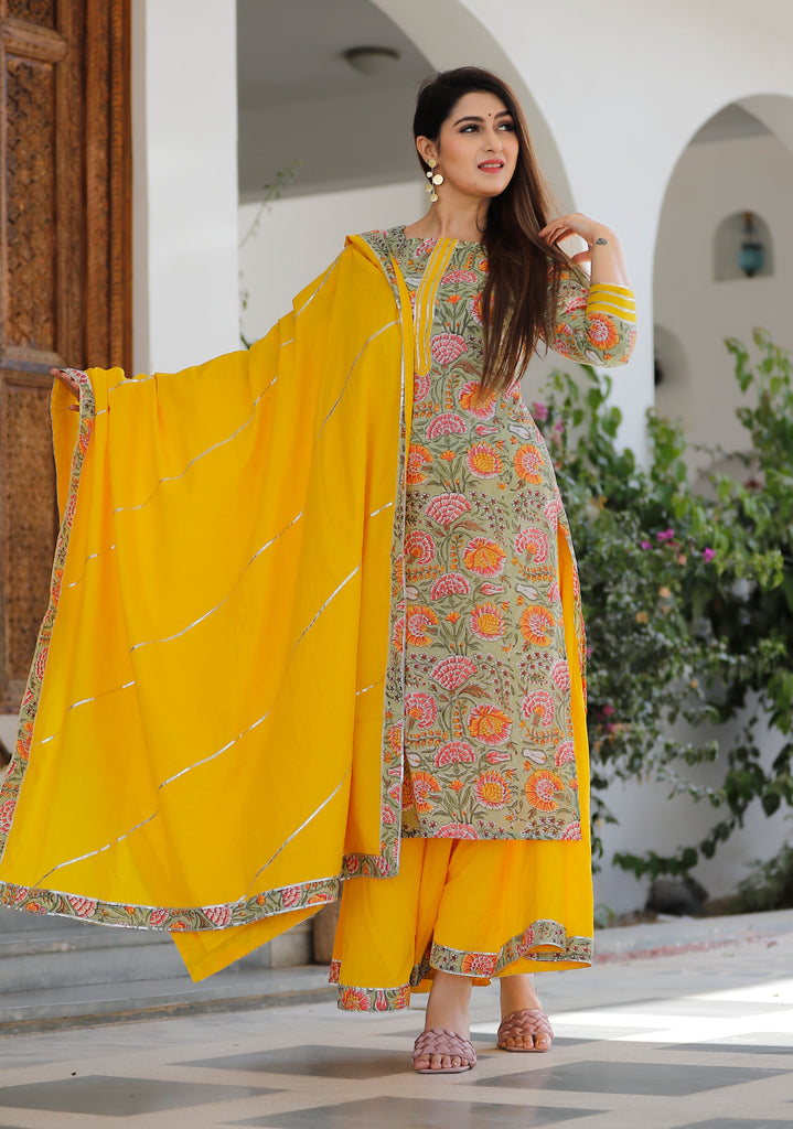 Women's Sage Green Hand Block Printed Kurta With Yellow Palazzo And Heavy Gota Work In Dupatta