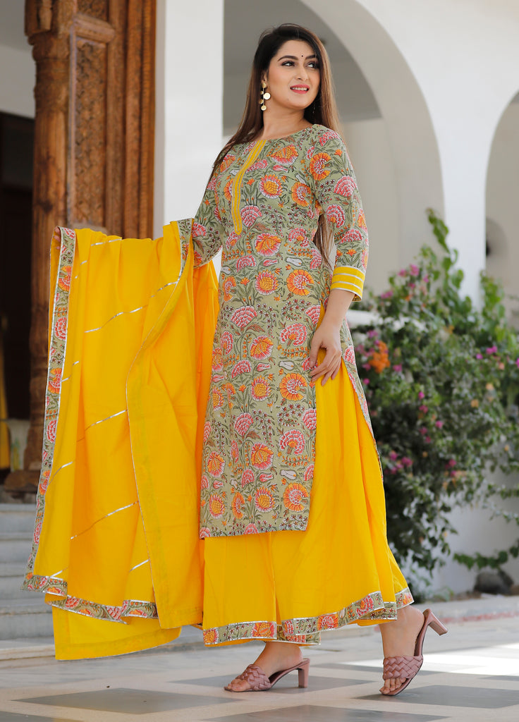Women's Sage Green Hand Block Printed Kurta With Yellow Palazzo And Heavy Gota Work In Dupatta