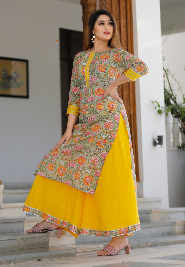 Women's Sage Green Hand Block Printed Kurta With Yellow Palazzo And Heavy Gota Work In Dupatta