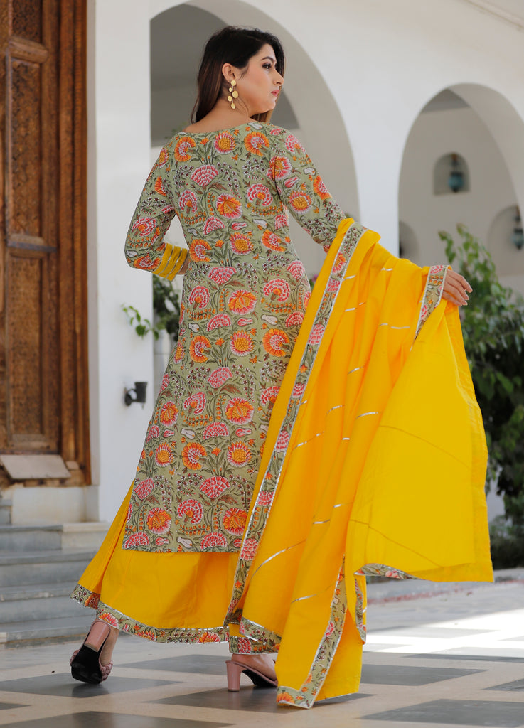 Women's Sage Green Hand Block Printed Kurta With Yellow Palazzo And Heavy Gota Work In Dupatta