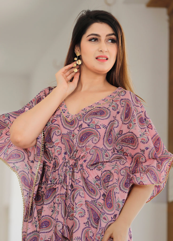 Women's Rose Pink Hand Block Printed Kaftan With Pent