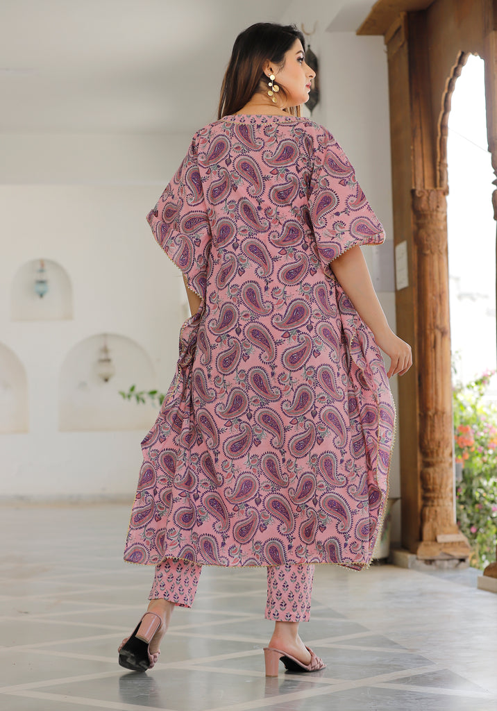 Women's Rose Pink Hand Block Printed Kaftan With Pent