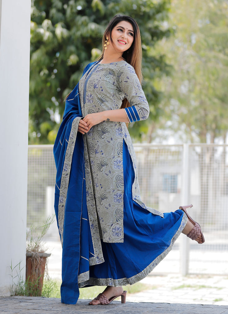 Women's Leaf Green Hand Block Printed Kurta With Blue Palazzo And Heavy Gota Work In Dupatta