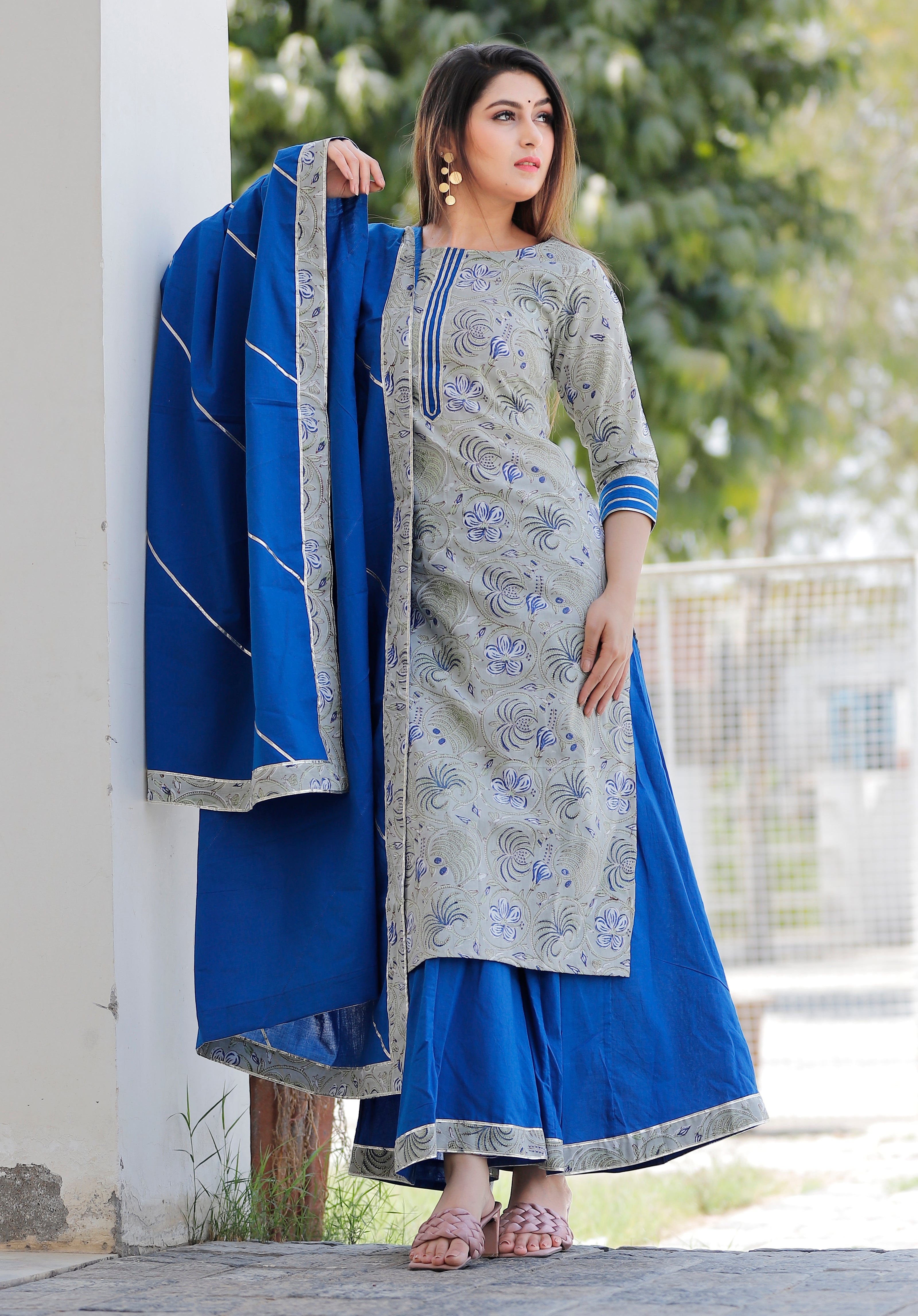 Women's Leaf Green Hand Block Printed Kurta With Blue Palazzo And Heavy Gota Work In Dupatta - Geeta Fashion