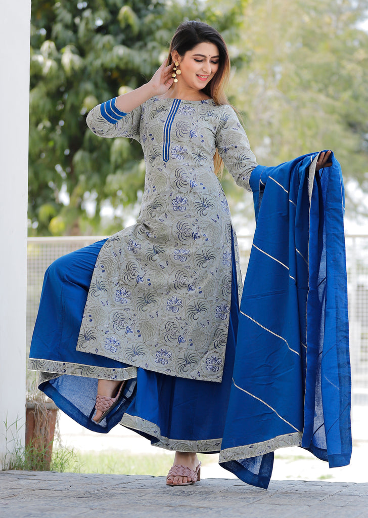 Women's Leaf Green Hand Block Printed Kurta With Blue Palazzo And Heavy Gota Work In Dupatta