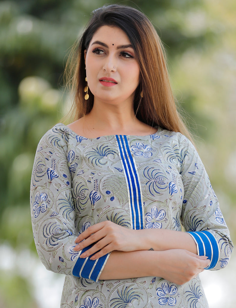 Women's Leaf Green Hand Block Printed Kurta With Blue Palazzo And Heavy Gota Work In Dupatta