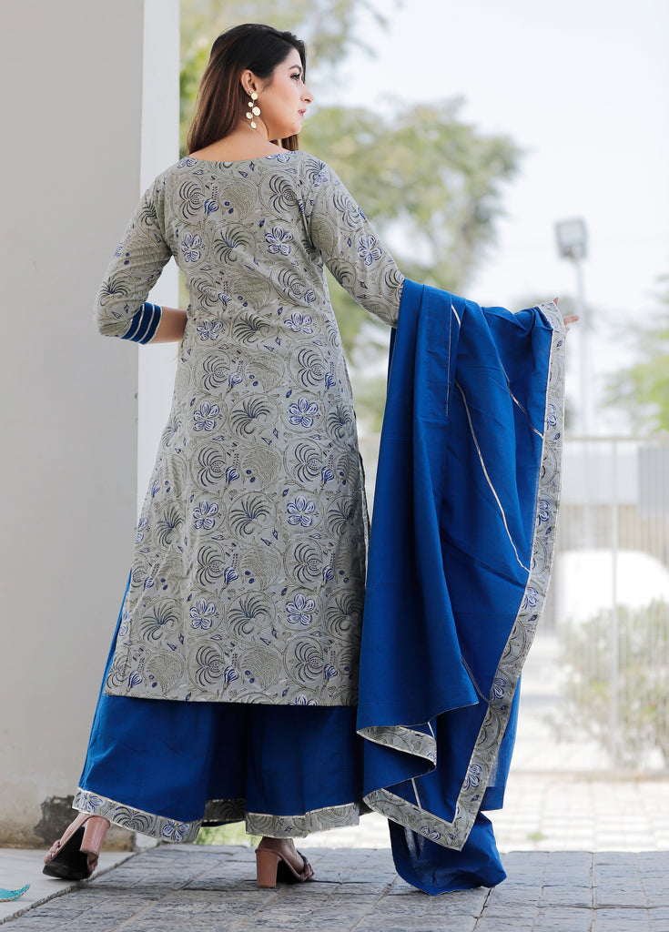 Women's Leaf Green Hand Block Printed Kurta With Blue Palazzo And Heavy Gota Work In Dupatta