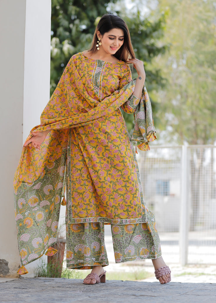 Women's Mustard Hand Block Printed Kurta And Sage Green Palazzo With Dupatta