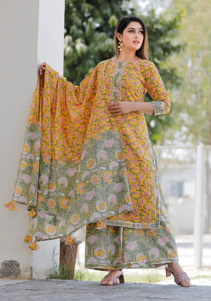 Women's Mustard Hand Block Printed Kurta And Sage Green Palazzo With Dupatta