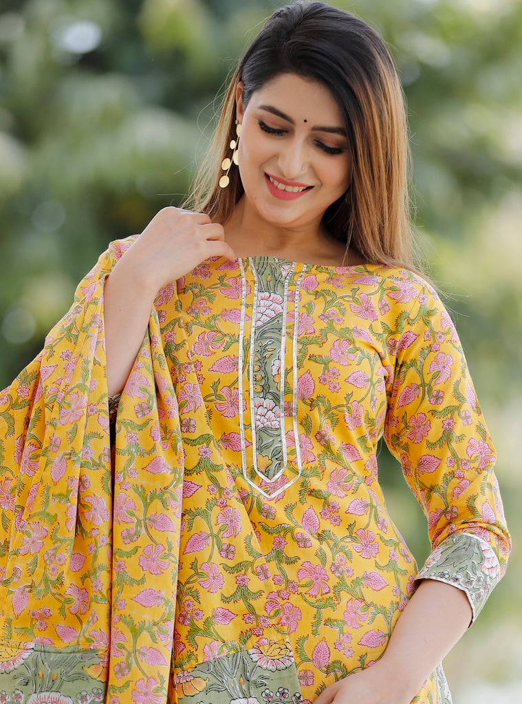Women's Mustard Hand Block Printed Kurta And Sage Green Palazzo With Dupatta