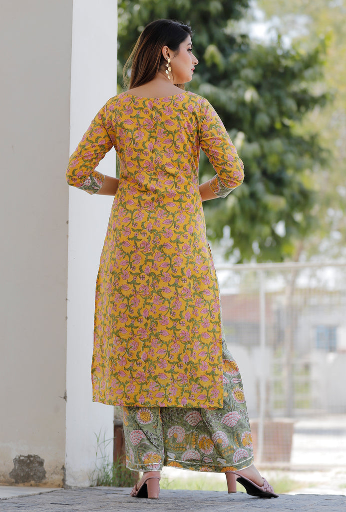 Women's Mustard Hand Block Printed Kurta And Sage Green Palazzo With Dupatta