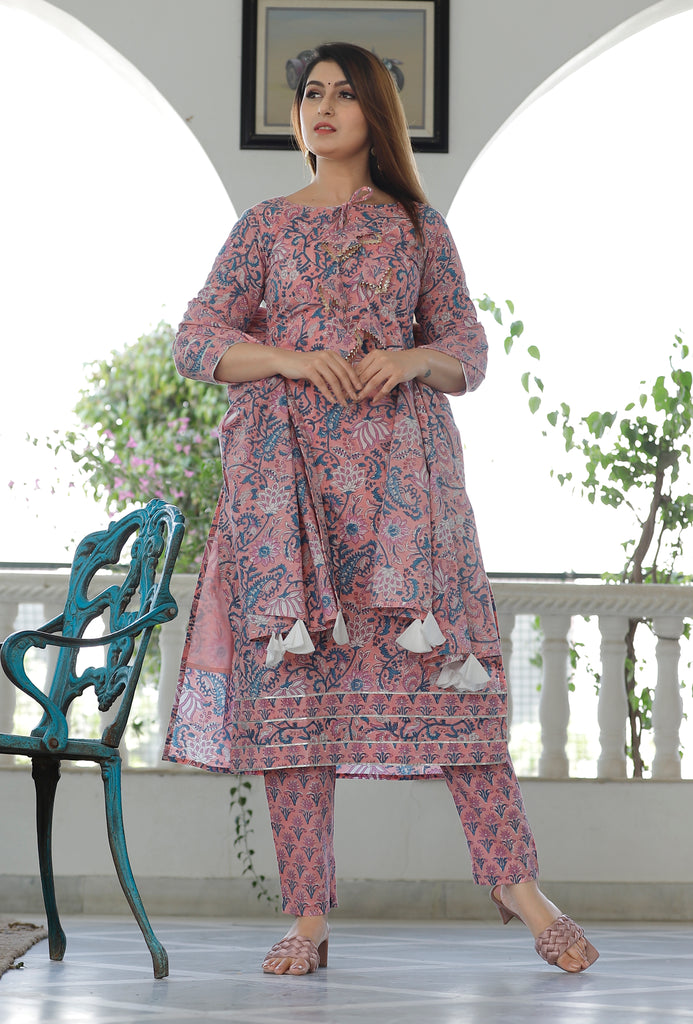 Women's Rose Pink Hand Block Printed Kurta And Pent With Dupatta