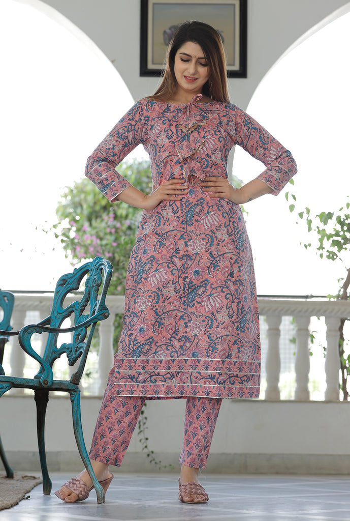 Women's Rose Pink Hand Block Printed Kurta And Pent With Dupatta