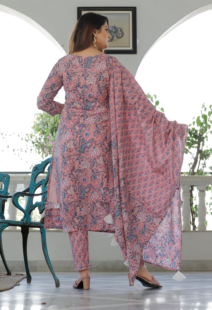 Women's Rose Pink Hand Block Printed Kurta And Pent With Dupatta