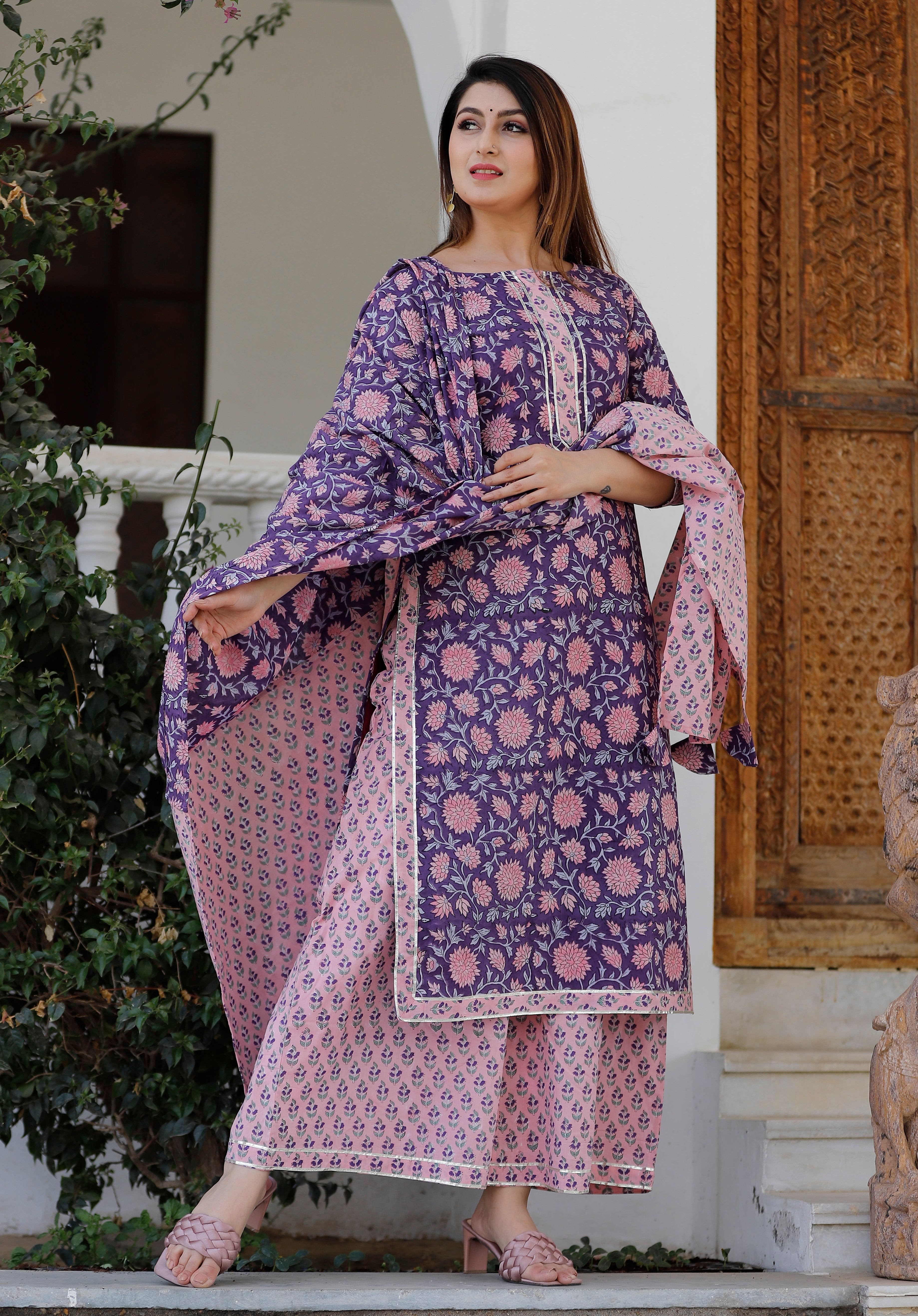 Women's Grape Violet Hand Block Printed Kurta And Rose Pink Palazzo With Dupatta - Geeta Fashion