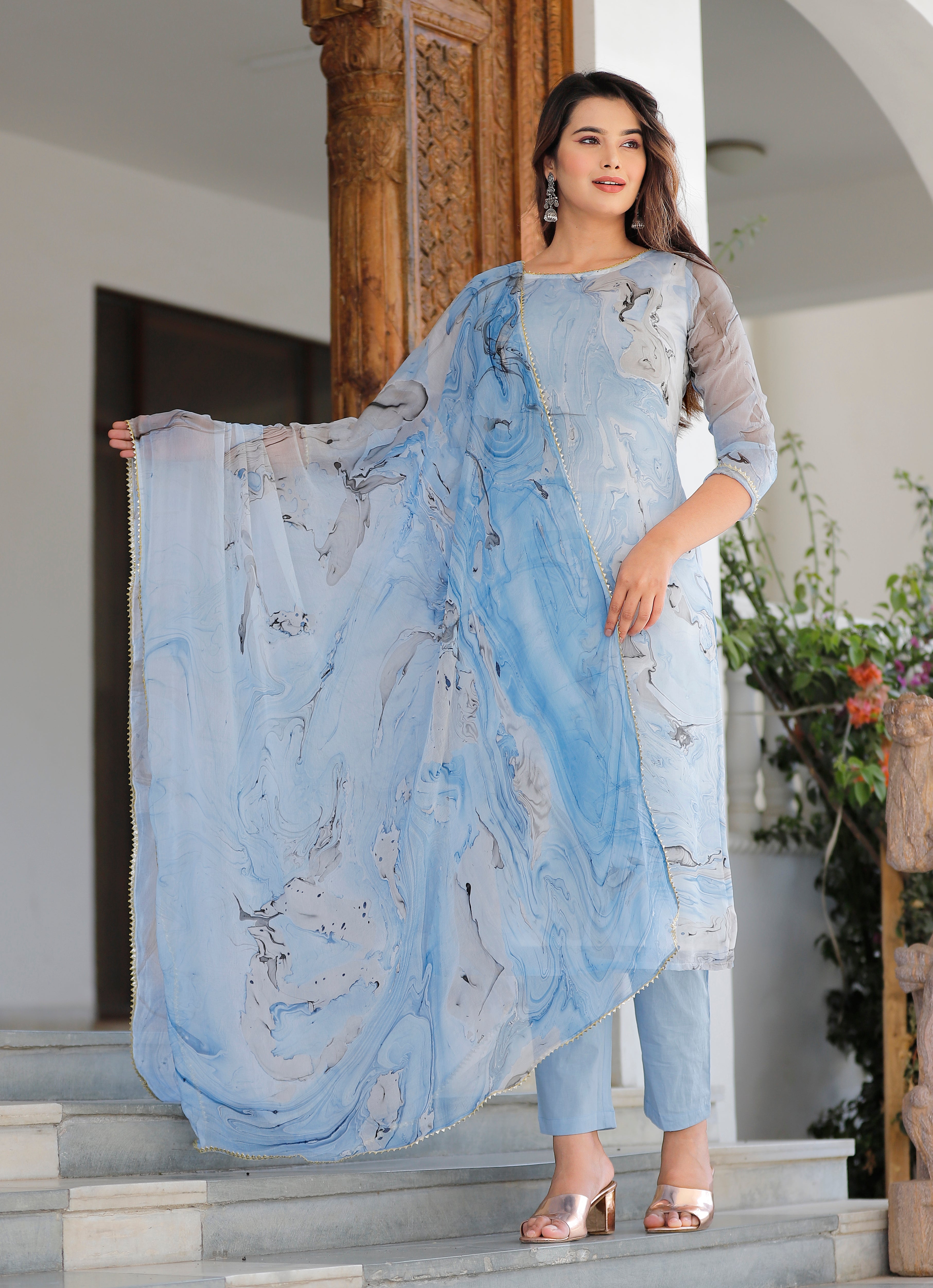 Women's Chiffon Marble Dye In Straight Kurta And Dupatta With Sky Blue Pent - Geeta Fashion