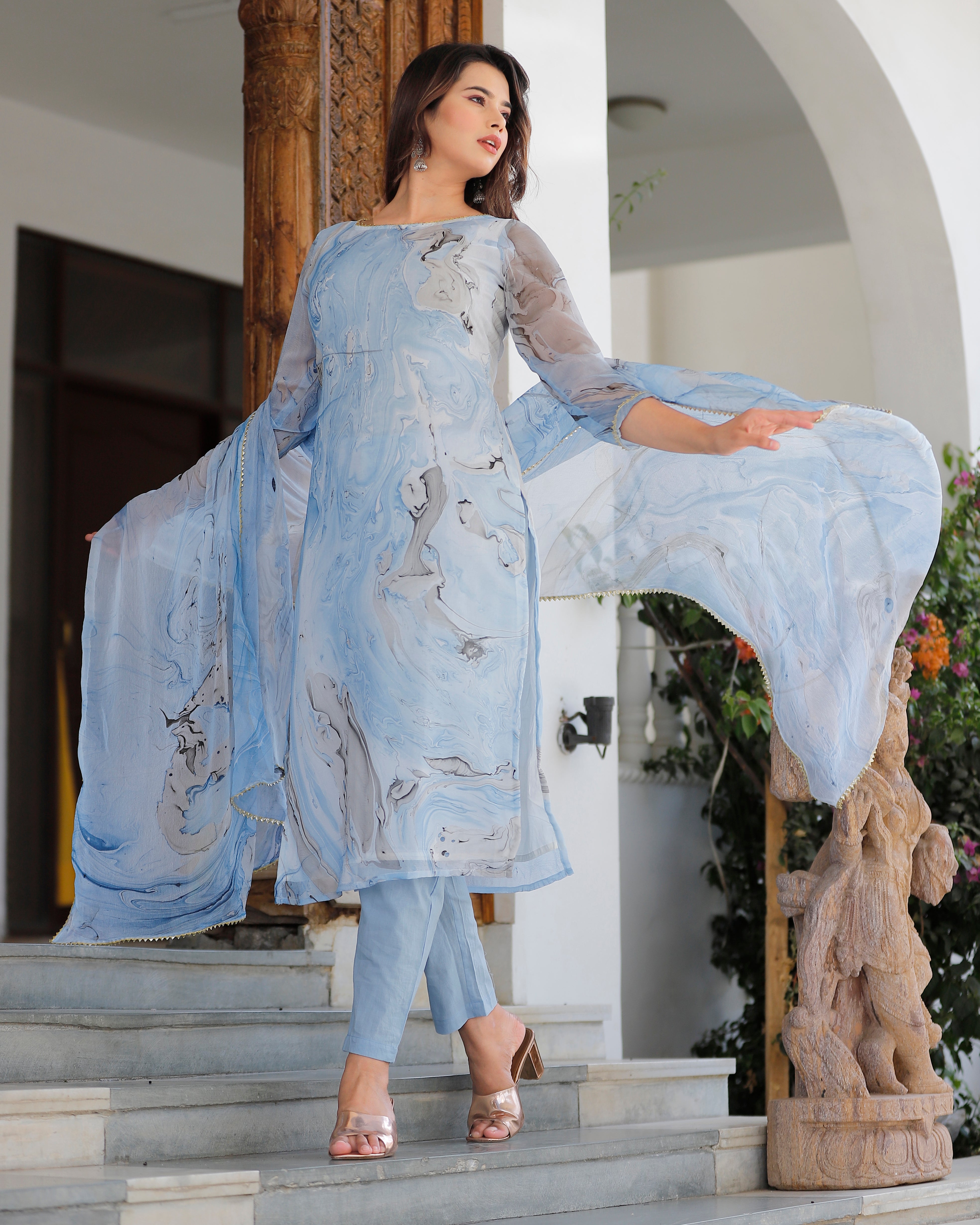 Women's Chiffon Marble Dye In Straight Kurta And Dupatta With Sky Blue Pent - Geeta Fashion