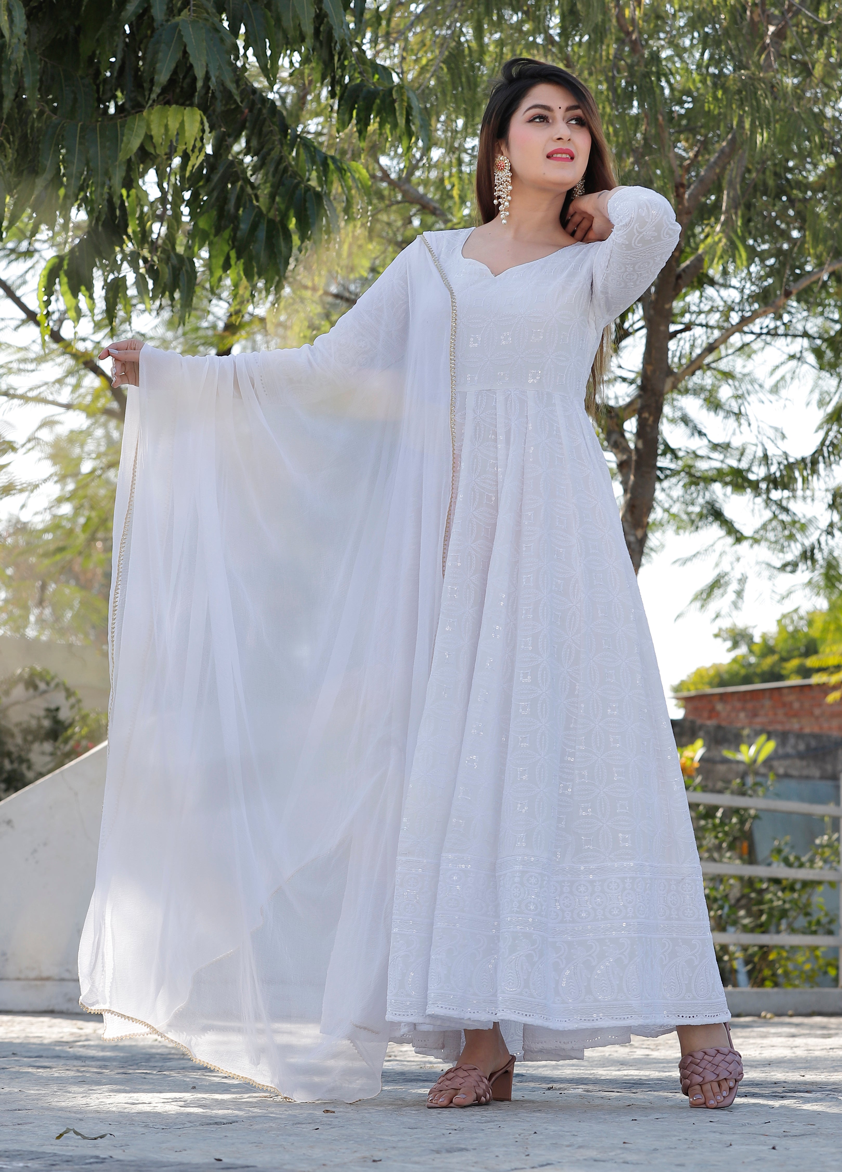 Women's White Sequence Anarkali Set