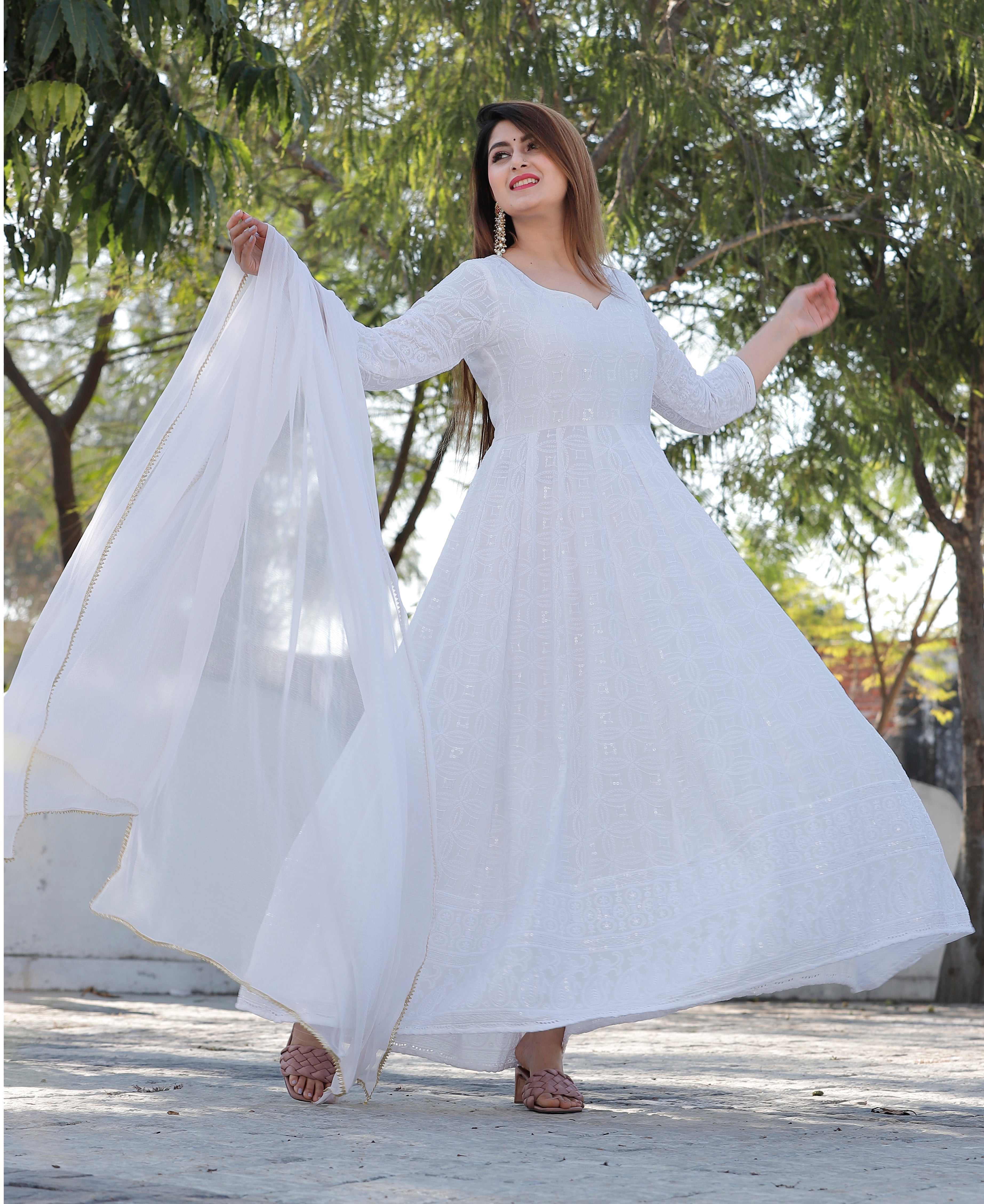 Women's White Sequence Anarkali Set