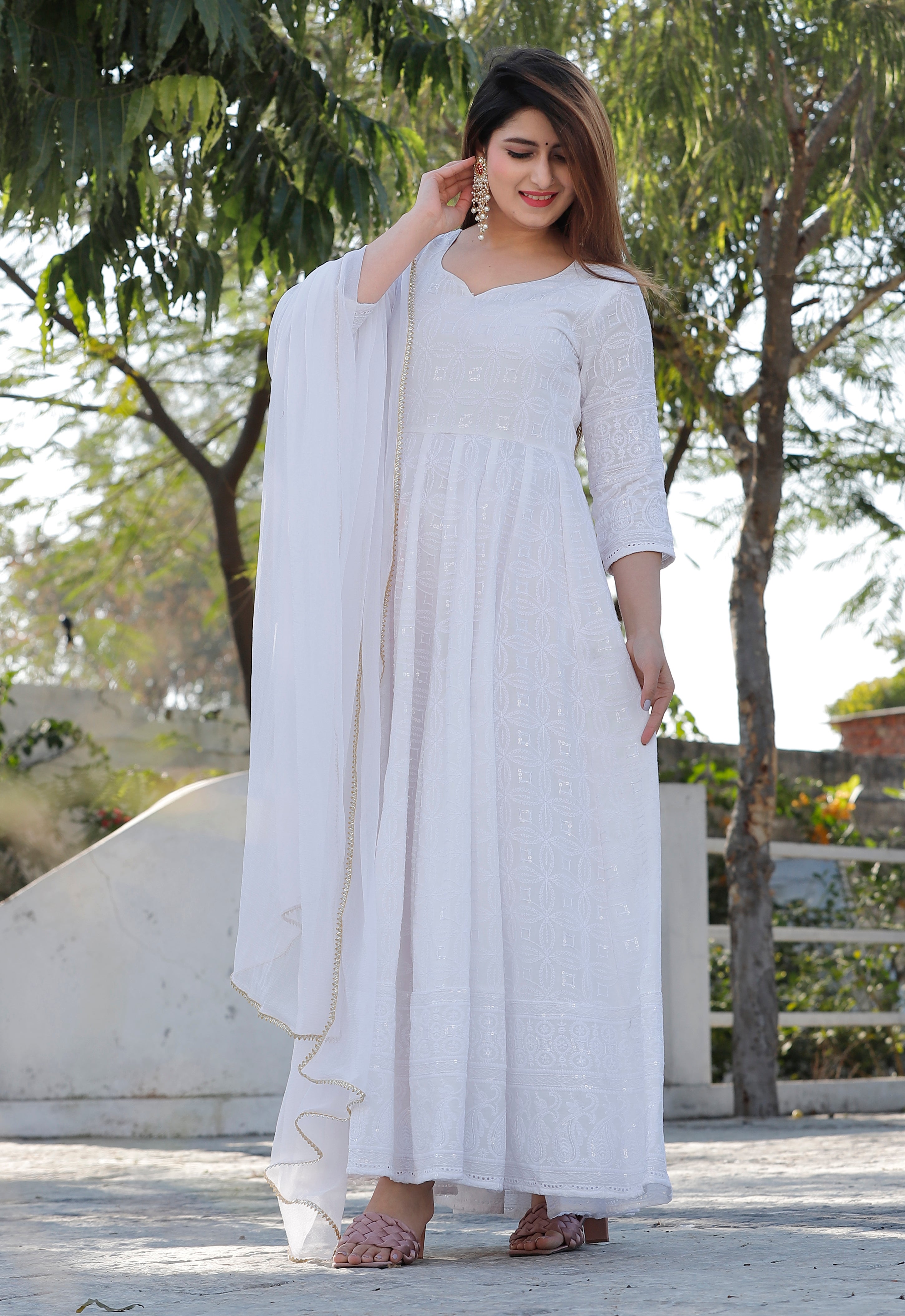 Women's White Sequence Anarkali Set