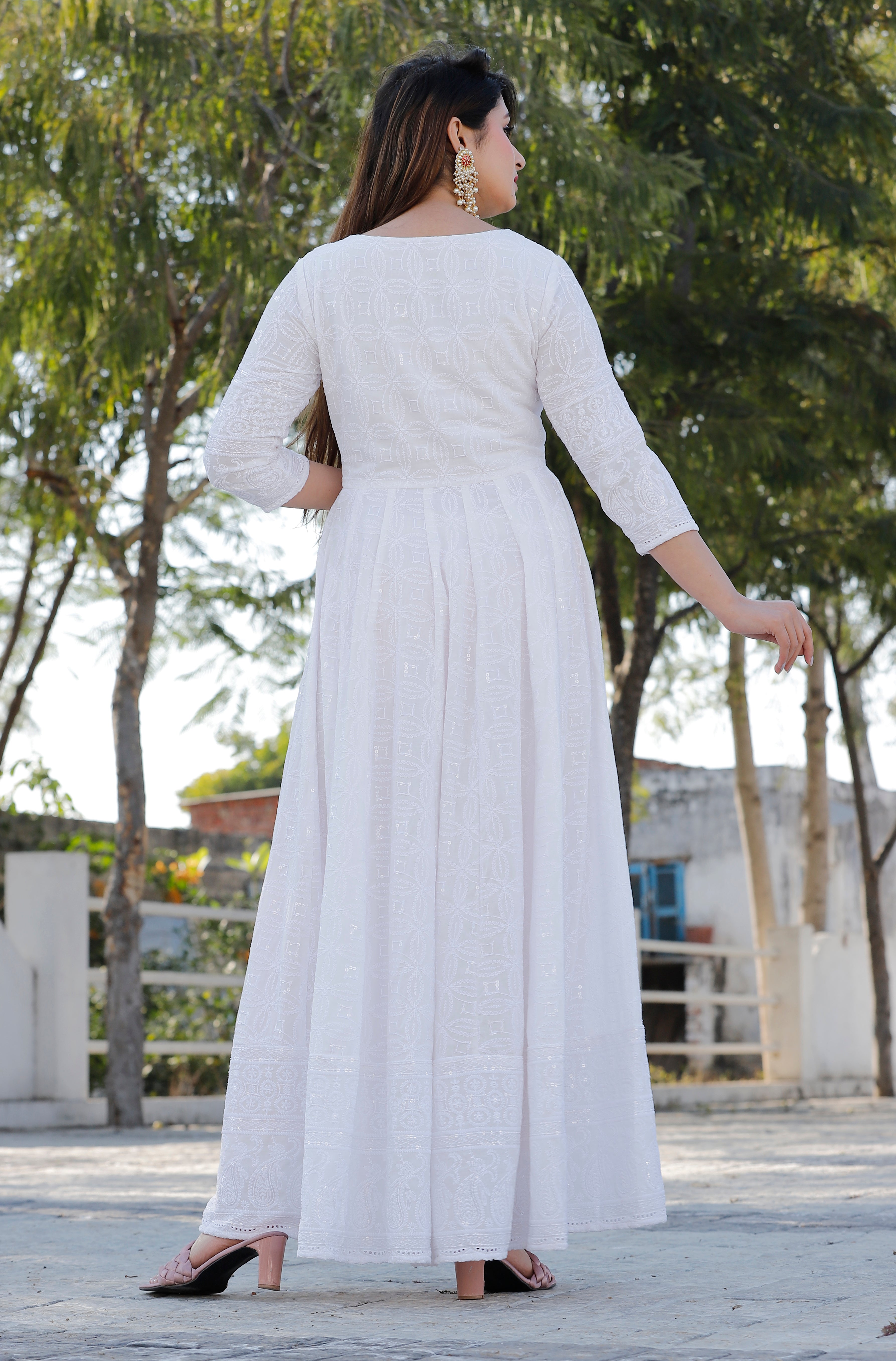 Women's White Sequence Anarkali Set