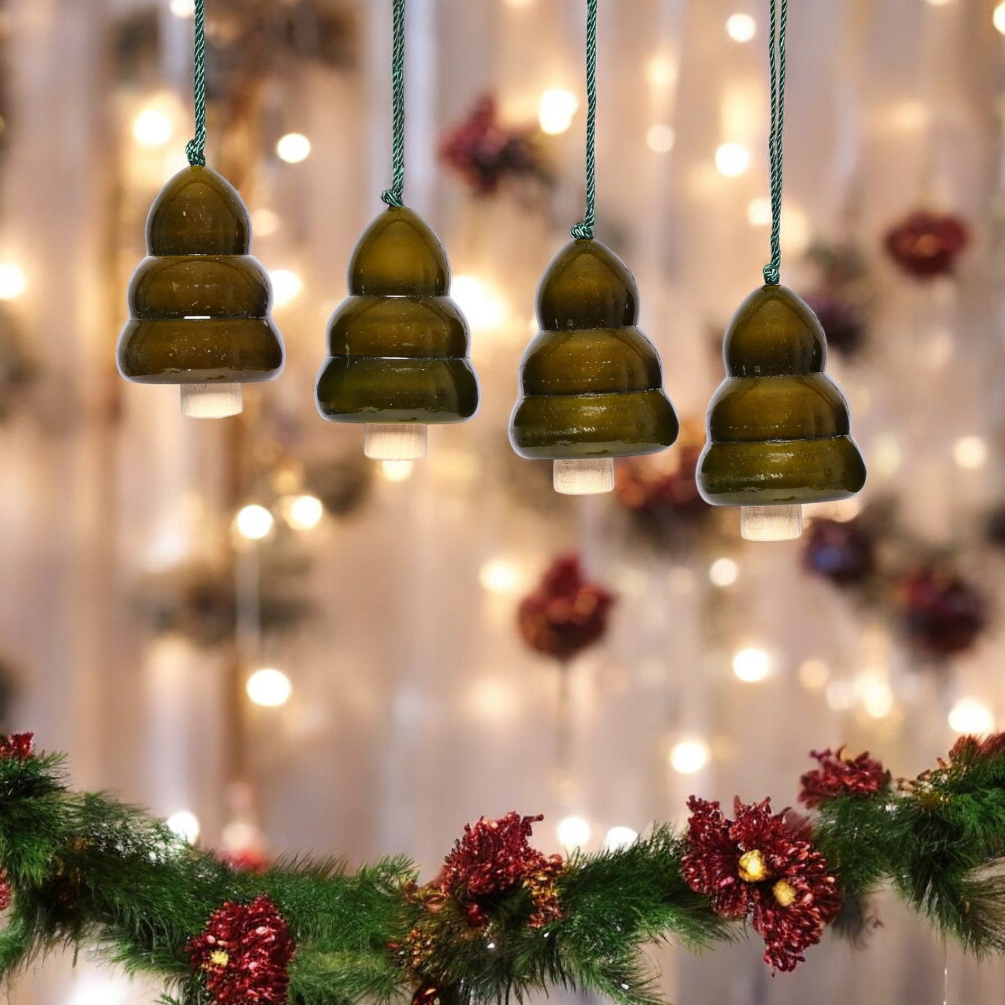Christmas DÃ©cor Handcrafted Eco-friendly Green Wooden Tree Bell Hangingsâ€”Set of 4