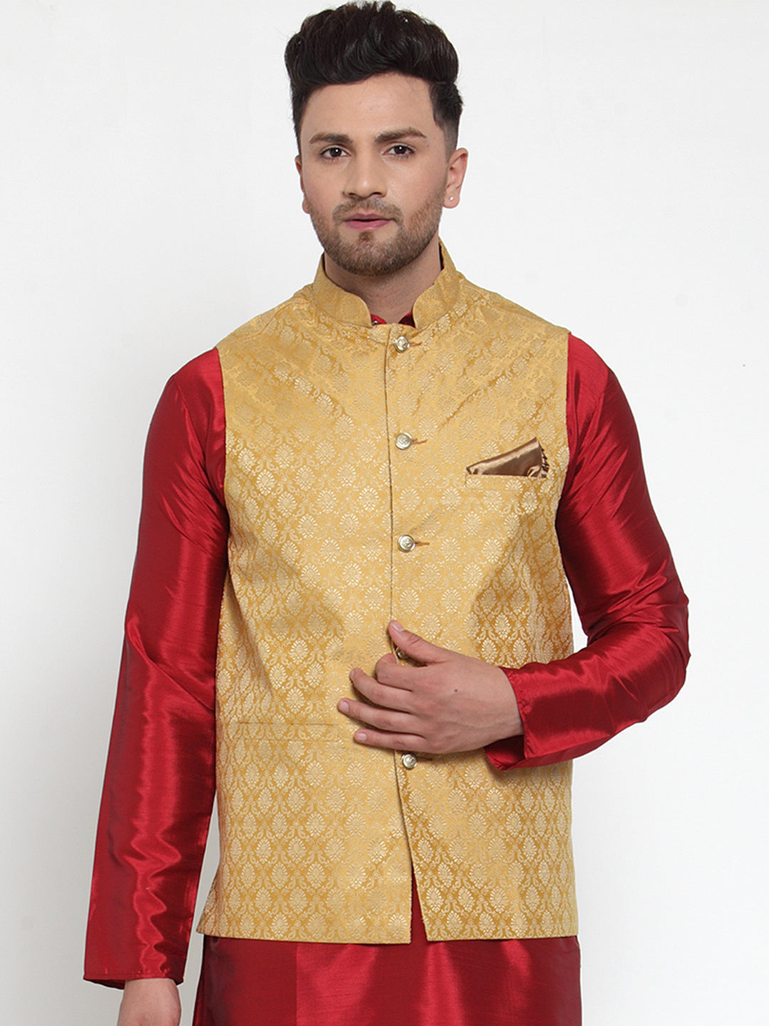Men's Gold Woven Jacquard Nehru Jacket ( JOWC 4005Golden )