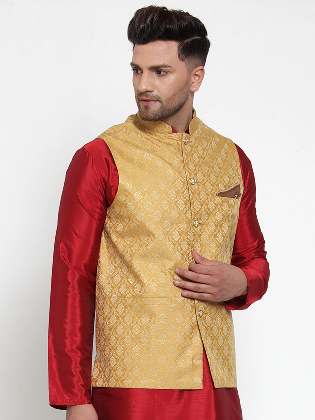 Men's Gold Woven Jacquard Nehru Jacket ( JOWC 4005Golden )