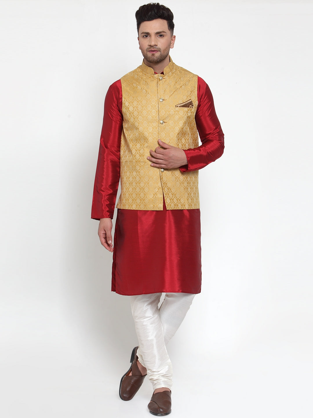Men's Gold Woven Jacquard Nehru Jacket ( JOWC 4005Golden )