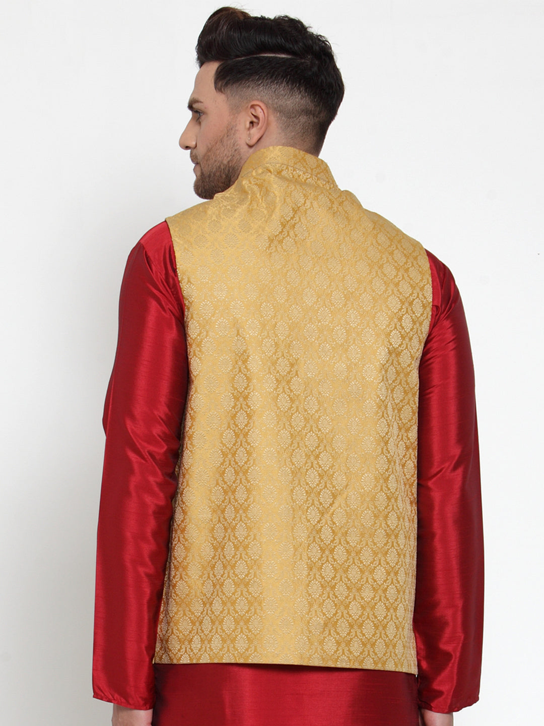 Men's Gold Woven Jacquard Nehru Jacket ( JOWC 4005Golden )